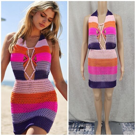 Davi & Dani Colorful Crochet Halter Dress Beach Swimsuit Cover Up Open Back NEW - Picture 2 of 11